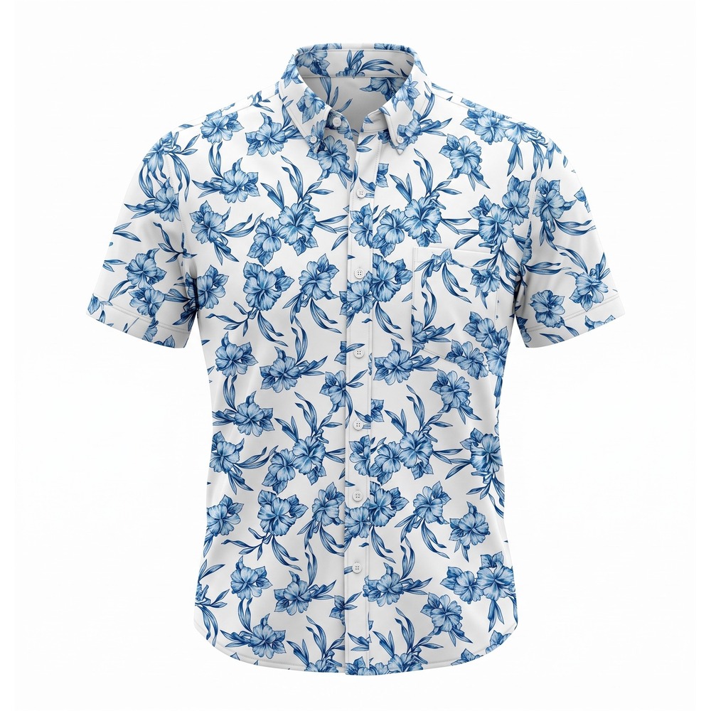St Johns Bay Mens XL Blue White Floral Hibiscus Short Sleeve No Tuck Shirt
